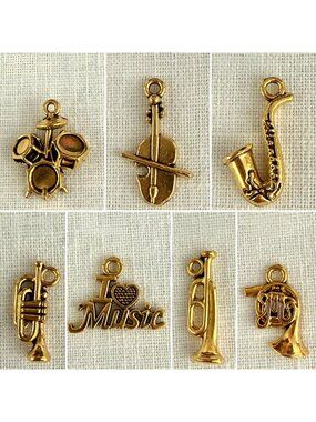 Gold Tone Music Charms Collection Set of 7 Miniature Melodies Metal Instruments